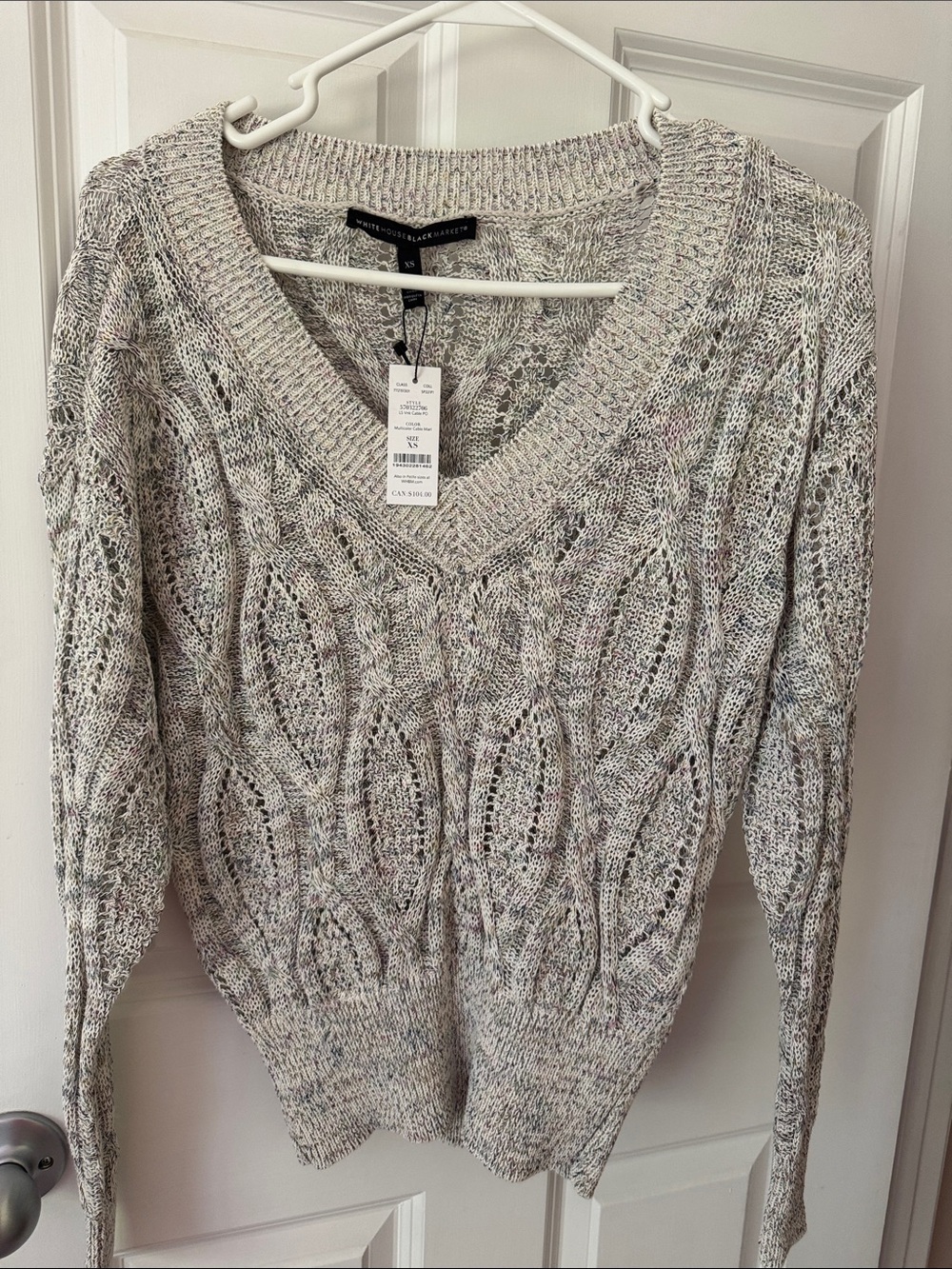 White House Black Market Heather Gray Cable V-Neck Sweater